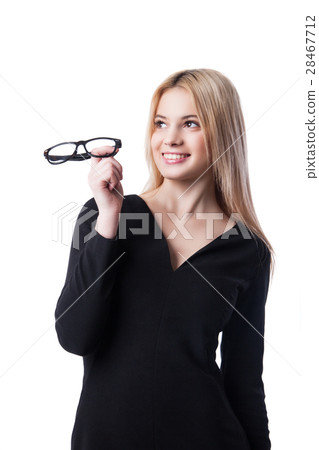 Business woman holding glasses and looking up Business woman holding glasses and looking up 28467712
