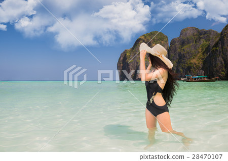 Portrait of woman in black swim posing Portrait of woman in black swim posing 28470107