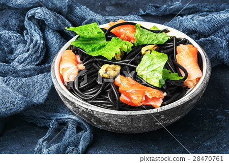 black pasta with mussels and trout black pasta with mussels and trout 28470761