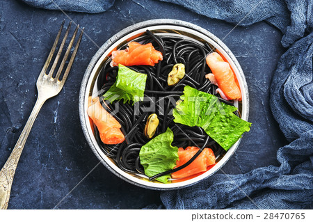 black pasta with mussels and trout black pasta with mussels and trout 28470765