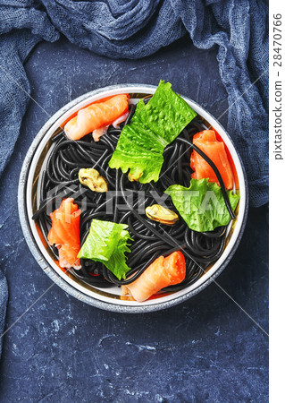 black pasta with mussels and trout black pasta with mussels and trout 28470766