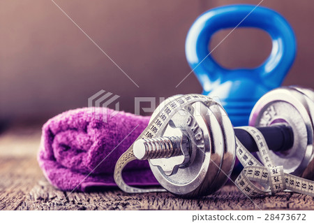 Kettlebell dumbbell towel water and measuring tape Kettlebell dumbbell towel water and measuring tape 28473672