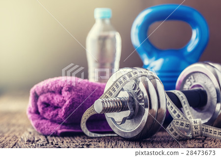 Kettlebell dumbbell towel water and measuring tape Kettlebell dumbbell towel water and measuring tape 28473673