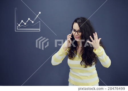 Woman talking on phone in front of background with 28476499