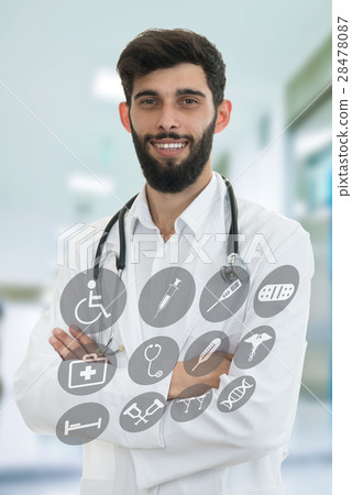 Young serious handsome bearded doctor with white 28478087