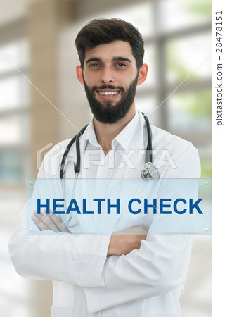 Young serious handsome bearded doctor with white 28478151