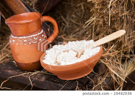 Dairy products on wooden table. Cheese and milk on Dairy products on wooden table. Cheese and milk on 28482036