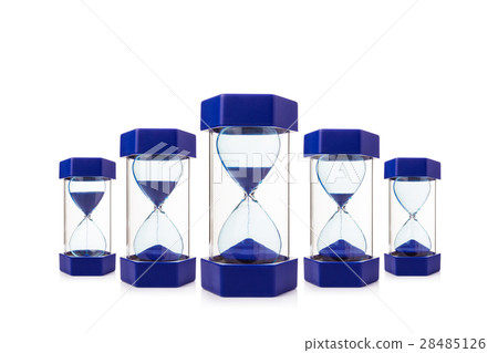 six hourglasses on white background with blue sand 28485126