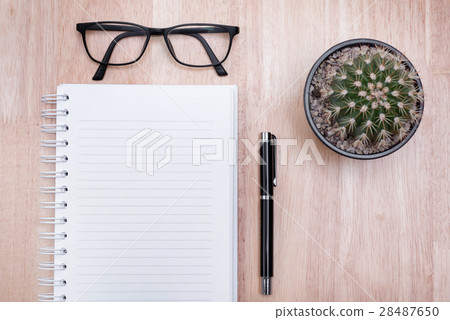 blank notebook with pen on wooden table,  28487650