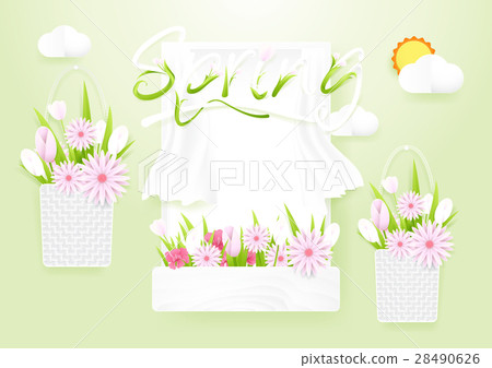 Spring season concept. Window with flowers baskets Spring season concept. Window with flowers baskets 28490626