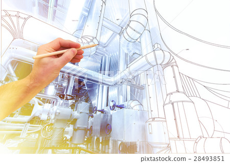 man's hand draws a design of factory man's hand draws a design of factory 28493851