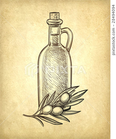 Bottle of olive oil and olive branch. 28494094