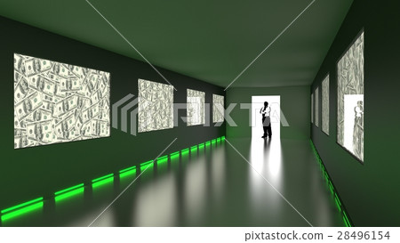 Businessman enters dark room with dollar screens Businessman enters dark room with dollar screens 28496154