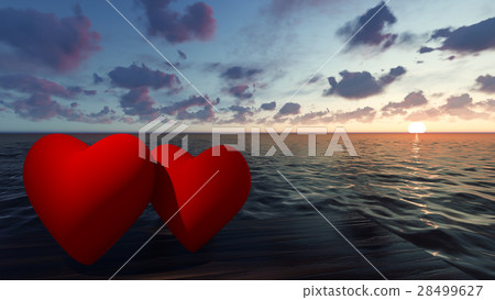 Two red hearts in the sea at sunset 28499627