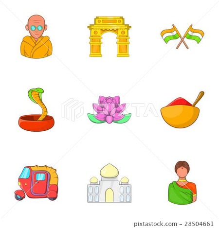 Stay in India icons set, cartoon style Stay in India icons set, cartoon style 28504661