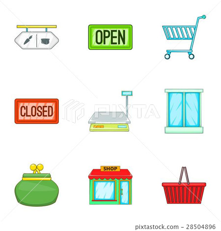 Purchase in shop icons set, cartoon style Purchase in shop icons set, cartoon style 28504896