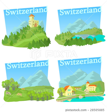 Switzerland travel concepts set, cartoon style Switzerland travel concepts set, cartoon style 28505885