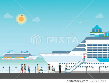 Cruise ship anchored at sea port with people Cruise ship anchored at sea port with people 28511463