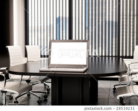 3D Modern meeting room blank laptop screen. Mockup 28519231