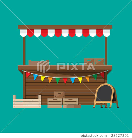 Market food stall with flags, crates, chalk board 28527201