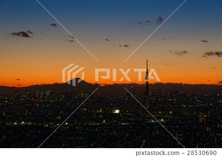 在黃昏和東京天空樹的富士 28530690