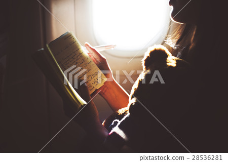 Woman Reading Book Plane Flying Concept 28536281
