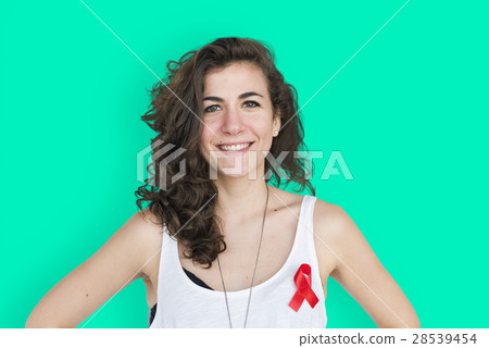 Caucasian Lady Cheerful Red Ribbon Concept 28539454