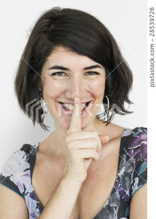 Caucasian Lady Smiling Hand Gesture Keep Quiet Caucasian Lady Smiling Hand Gesture Keep Quiet 28539726