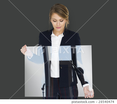Businesswoman Smiling Happiness Holding Clear Placard Copy Space Concept Businesswoman Smiling Happiness Holding Clear Placard Copy Space Concept 28540474