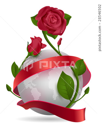 Planet, red ribbon and rose flower 28546502