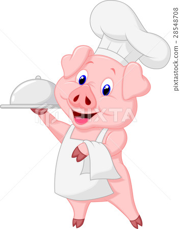 Cute pig chef cartoon holding platter 28548708
