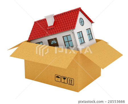House with red roof in open cardboard box 28553666