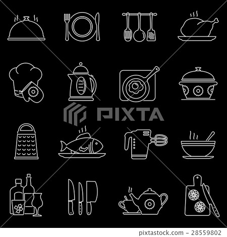 Set of line cooking, kitchen tools and food icons 28559802