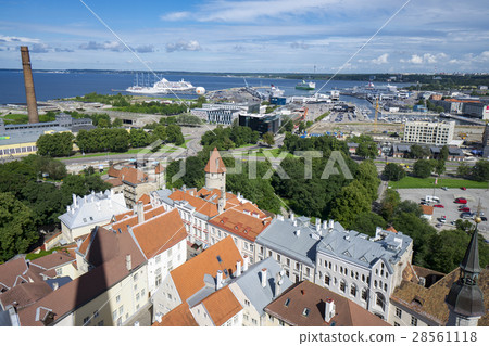 An overhead view of the Old Town and the harbor from Tallinn St. Oref church tower, the capital city of Estonia 28561118