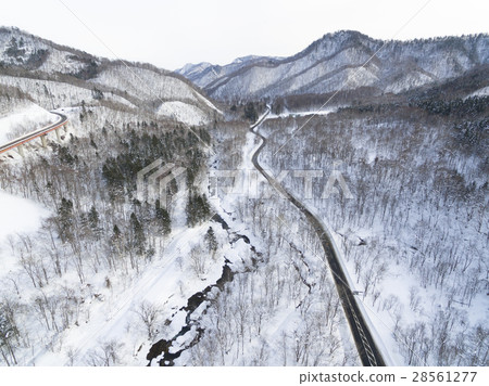 Winter Hokkaido snow scene and road (aerial shooting) 28561277