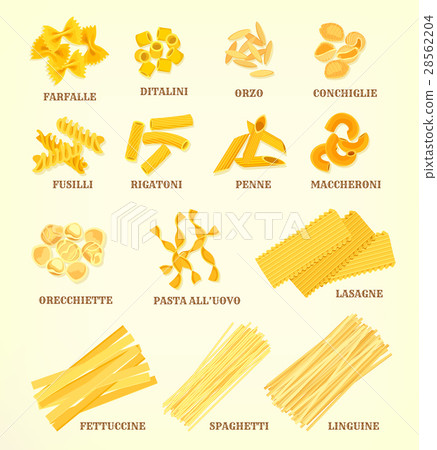 Italian pasta types or sorts vector icons 28562204