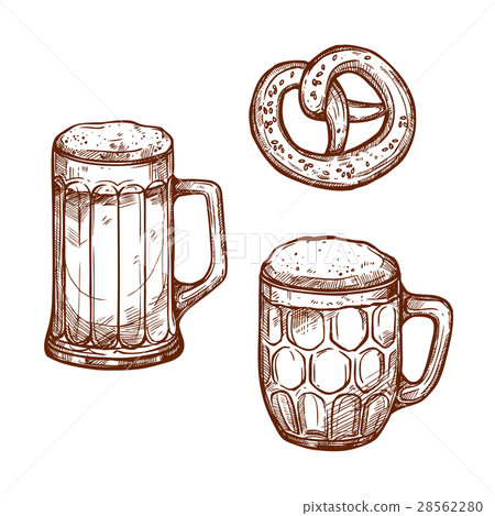 Beer pub mugs and pretzel snack vector sketch 28562280