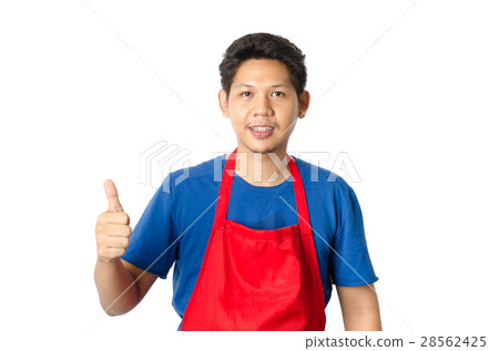 Asian man with red apron show thumb up  28562425