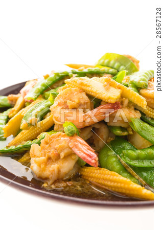 Fried vegetable with shrimp or prawn in plate 28567128