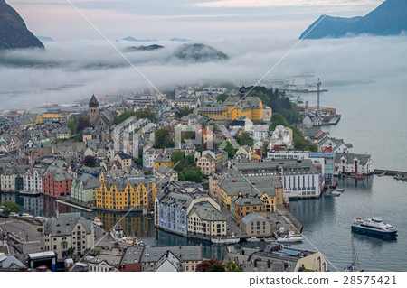 Alesund town with fog in the morning, Norway. 28575421