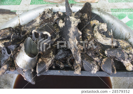 many pieces of boiled black pig on pot many pieces of boiled black pig on pot 28579352