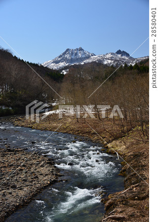 Taking a picture of the river which has been raised with snowmelt water with the mountain of snow remaining behind 28580401