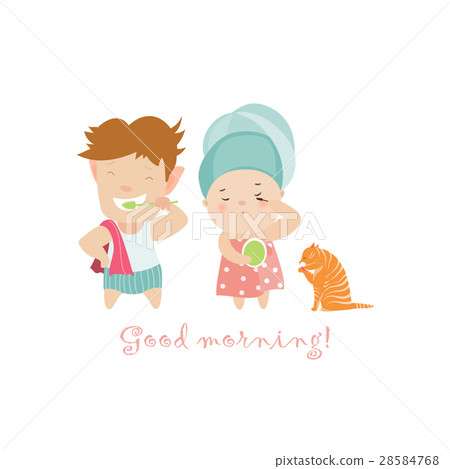 Boy brushing teeth and cute girl painting 28584768