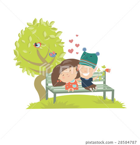 Couple teenagers sitting on the bench 28584787