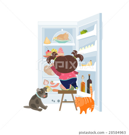 Girl taking the cake from refrigerator Girl taking the cake from refrigerator 28584963