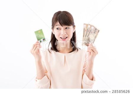 Young women, bills, credit cards Young women, bills, credit cards 28585626