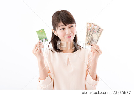 Young women, bills, credit cards 28585627