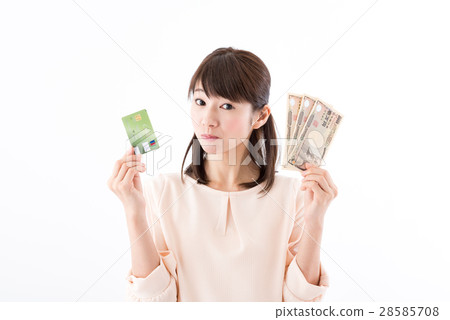 Young women, bills, credit cards 28585708