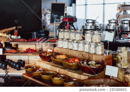 Breakfast buffet in the restaurant open kitchen 28586601