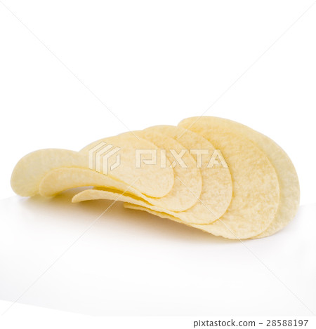 Front view of potato snacks pile isolated white Front view of potato snacks pile isolated white 28588197